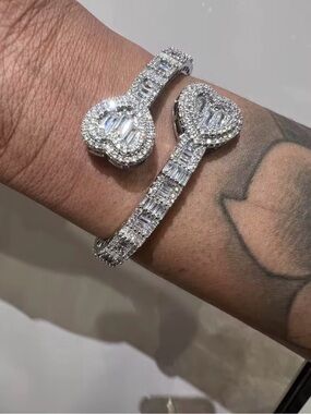 White Crystal Heart Open Cuff Bracelet & Ring